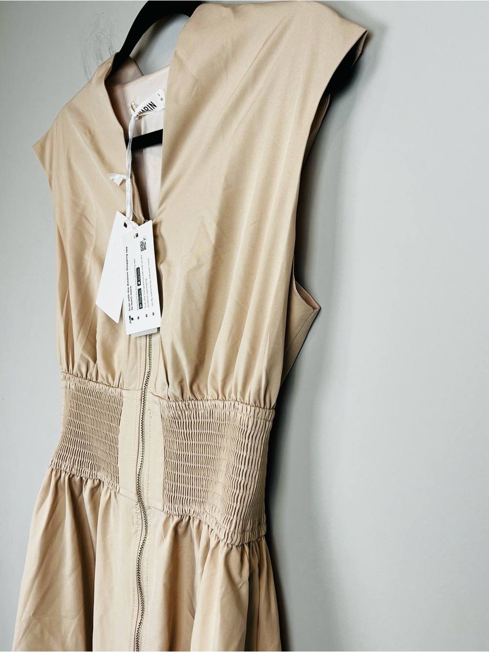 NWT Grace Karin Zipper Front Smocked Waist Cap Sleeve Midi Dress Tan Small - Picture 7 of 15